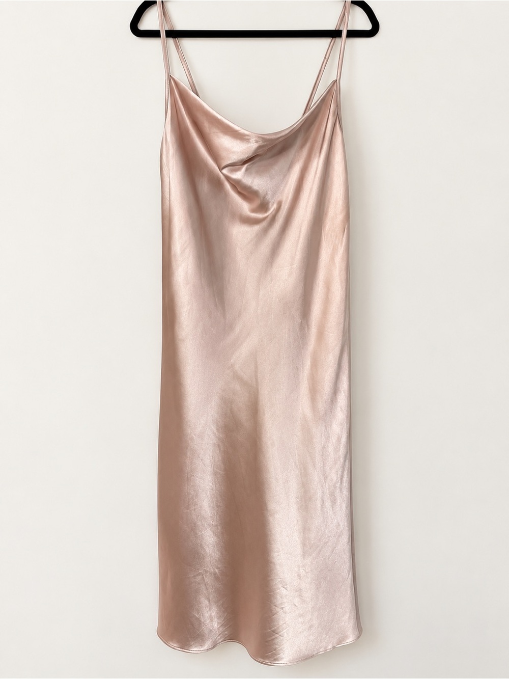Champagne Blush Satin Cowl Neck Slip Dress Spaghetti Strap Midi